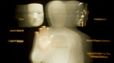 A translucent frosted-glass figure stands centered in black, head smooth and featureless, one hand raised palm-outward in a calm stop. Its chest is a softly glowing hollow holding the gold word 'unknown'. Two half-masks float behind — white porcelain 'I feel' at left, chrome 'I compute' at right — with gold phrases adrift in the dark.