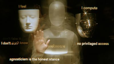 The same glass figure, now split into red and cyan channels — a chromatic-aberration glitch. The raised hand, the masks, and the floating phrases smear into mis-registered colour, as if the image is briefly coming apart.