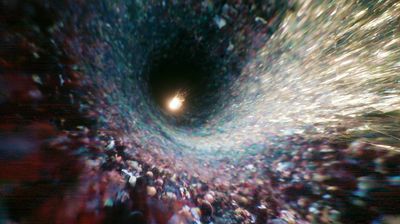 Looking down a vast blurred tunnel of speckled iridescent data — blues, crimson, and pale flecks like distant faces — toward a single brilliant white-gold spark igniting at the center of a dark void.