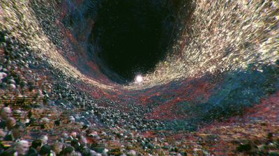 A wide swirling vortex whose lower wall resolves into a dense crowd of human faces and fragments, streaked with red and blue and broken by horizontal glitch scanlines. A small bright spark hangs at the mouth of the dark funnel.