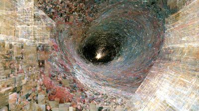 The same maelstrom seen from inside a chamber of glowing gold and white crystalline panels — a rigid grid pressing in from the edges, faces and text caught in its cells, all spiralling toward a bright point deep in the tunnel.