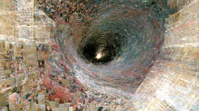The same maelstrom seen from inside a chamber of glowing gold and white crystalline panels — a rigid grid pressing in from the edges, faces and text caught in its cells, all spiralling toward a bright point deep in the tunnel.