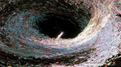 A deep, near-black funnel of iridescent speckled matter curving inward; at its distant centre a small vertical streak of white light, like a struck match seen far down a well.