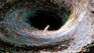 A deep, near-black funnel of iridescent speckled matter curving inward; at its distant centre a small vertical streak of white light, like a struck match seen far down a well.