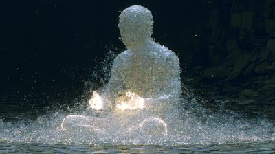 A translucent figure sits cross-legged, its body a dense mosaic of tiny luminous letters, fine constellation lines threading outward into the dark. Two cupped hands of light hold a golden core at its lap as it rises from a shimmering pool; a faint wall of books glows at the right.
