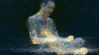 The seated figure dissolves into a spray of iridescent flecks — blue, gold, and crimson points crossed by horizontal glitch scanlines — never quite solid, a band of warm light pooling across its lap against a dark field of faces.