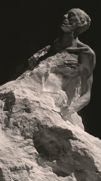 A gaunt figure rises from a massive block of uncut marble, face tipped to the light, a mallet still in one hand.