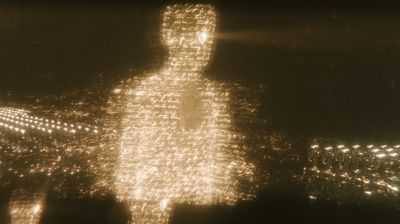 A translucent figure of glowing amber script sits cross-legged in meditation in a dark library, streams of text swirling around and through its body.