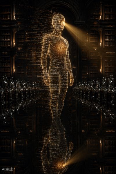 An illustrated translucent figure of flowing calligraphy stands in a library of labeled bookshelves, reflected in a black mirror floor.