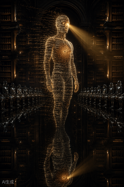 An illustrated translucent figure of flowing calligraphy stands in a library of labeled bookshelves, reflected in a black mirror floor.
