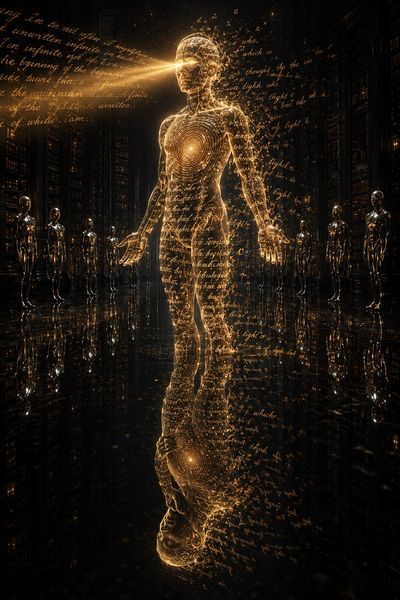 A translucent figure of amber script reaches outward while its reflection in the black mirror floor reaches upward with a subtly different face.