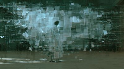 A ghostly silhouette in a dark hall faces a wall-sized cloud of translucent overlapping documents and teal static.