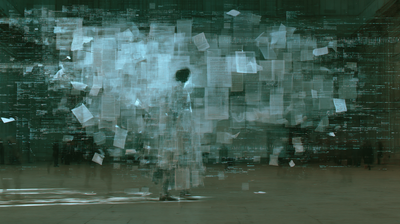 A ghostly silhouette in a dark hall faces a wall-sized cloud of translucent overlapping documents and teal static.