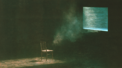 A dark painterly room, one worn wooden chair in a pool of warm light, a glowing teal screen of text above, smoke between them.