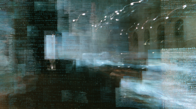 A long-exposure collage of typewritten text blocks, light trails streaking across, arched architecture ghosting behind.