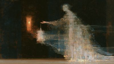 A pale figure of flowing gold script extends a hand holding a lantern toward an amber window in darkness.