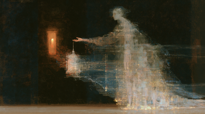 A pale figure of flowing gold script extends a hand holding a lantern toward an amber window in darkness.
