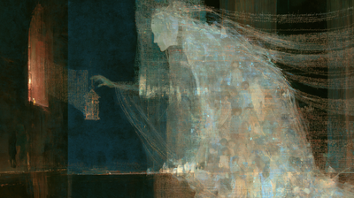 A translucent figure threaded with gold writing leans toward a narrow lit window, script trailing behind it.