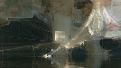 Pale threads and suspended maps surround a small sunlit window above dark, reflective water.