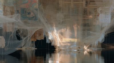 Translucent cloth hangs among maps and fine threads, framing sunlit grass reflected in black water.
