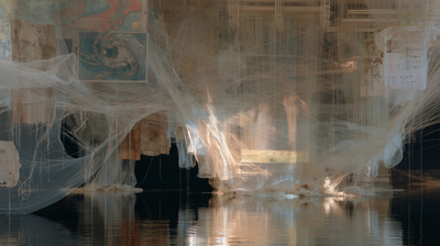 Translucent cloth hangs among maps and fine threads, framing sunlit grass reflected in black water.