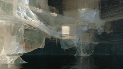 Sweeping ivory fibers cross suspended botanical papers toward a bright window over still dark water.