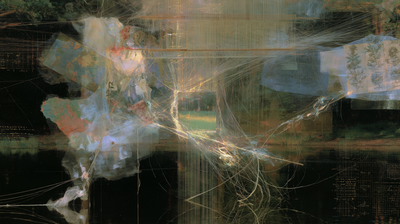 Golden threads knot around a window of green grass, with floating maps and botanical drawings against darkness.