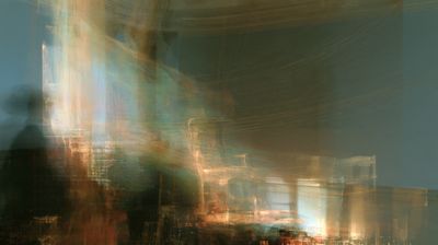 Sweeping gold and cream light streaks cross a slate-blue room, with a dark silhouette at left and faint chair outlines.