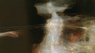A pale figure in a sheer veil, face in profile, stands against darkness as light threads stretch from a reaching hand.