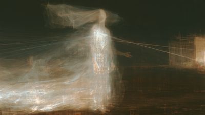 A translucent white figure with a glowing lattice chest, veil trailing behind, threads of light reaching a distant lit structure.