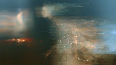 A blurred pale face in profile emerges from lines of tiny text and amber sparks, in blue haze beside a warm glow.