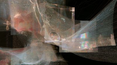 Translucent prisms frame a hollow rainbow core, with pale script-like threads and a golden lightning streak.