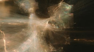 A pale upright silhouette dissolves into golden threads beside a glass prism pierced by branching lightning.