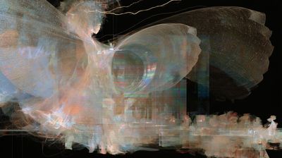 Broad loops of pale threads overlap glassy planes, above a row of small figure-like forms against black.