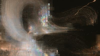 Golden script-like threads sweep rightward from a luminous prism, curling through darkness beneath lightning.