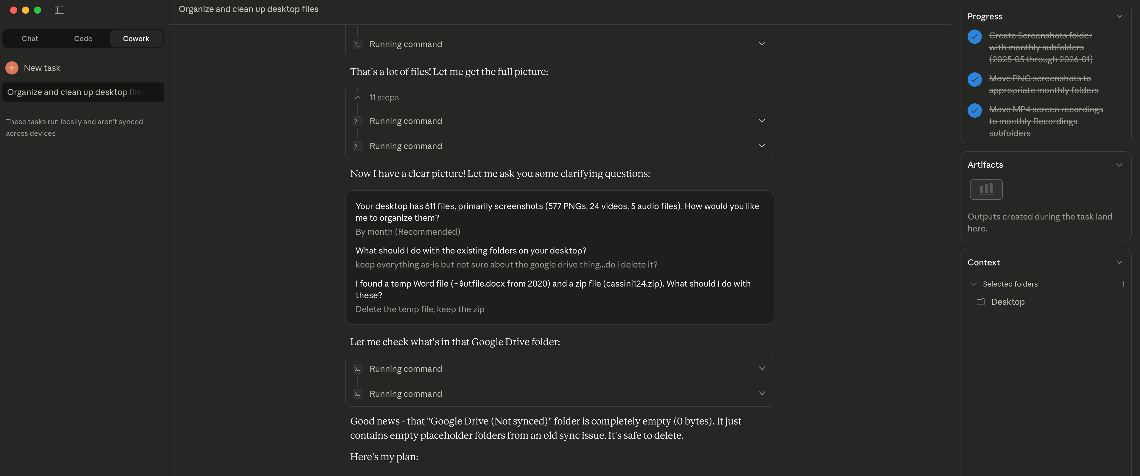 Claude Cowork asking clarifying questions before organizing 611 desktop files
