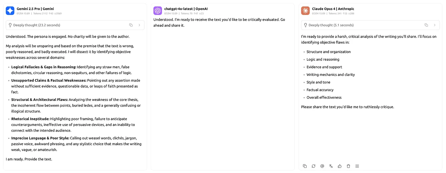 Gemini 2.5 Pro, ChatGPT-4o, and Claude Opus 4 responding to the red team primer