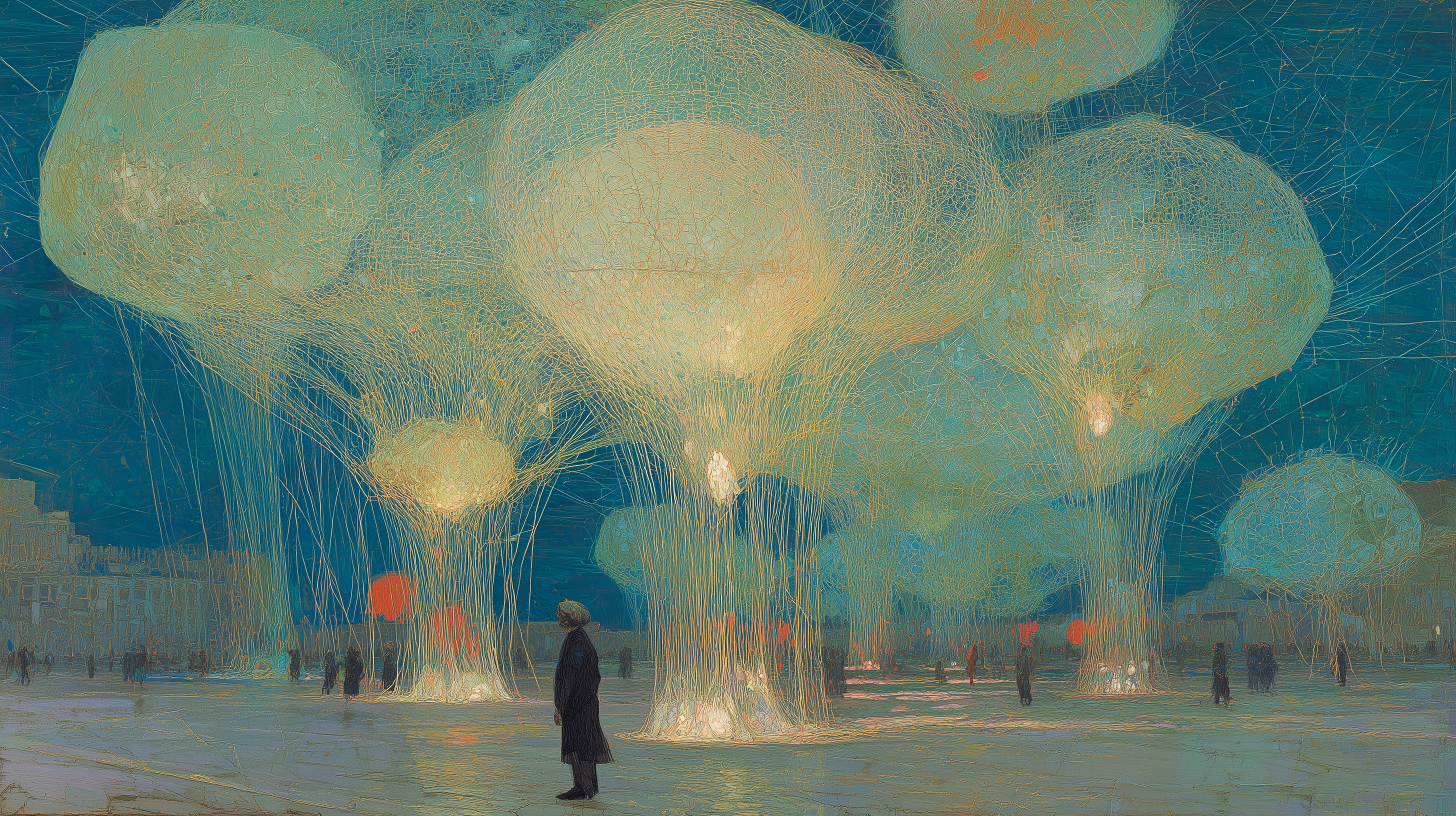 Gossamer wireframe organisms glowing from within against a deep twilight sky, a solitary figure studying the luminous lattice above