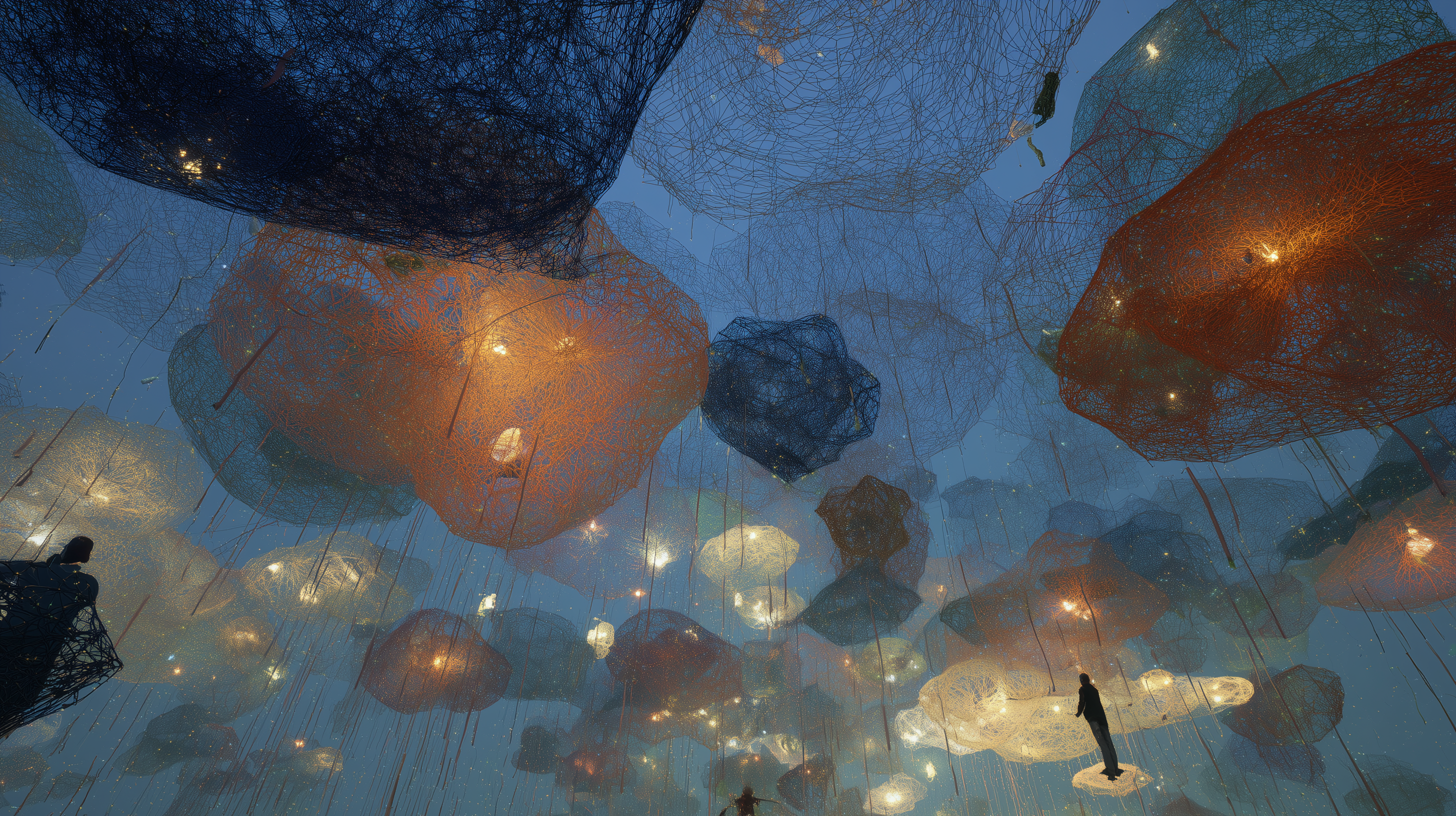 Floating wire-mesh lattice forms of different colors and sizes suspended in blue twilight, tiny human figures standing among them dwarfed by the scale