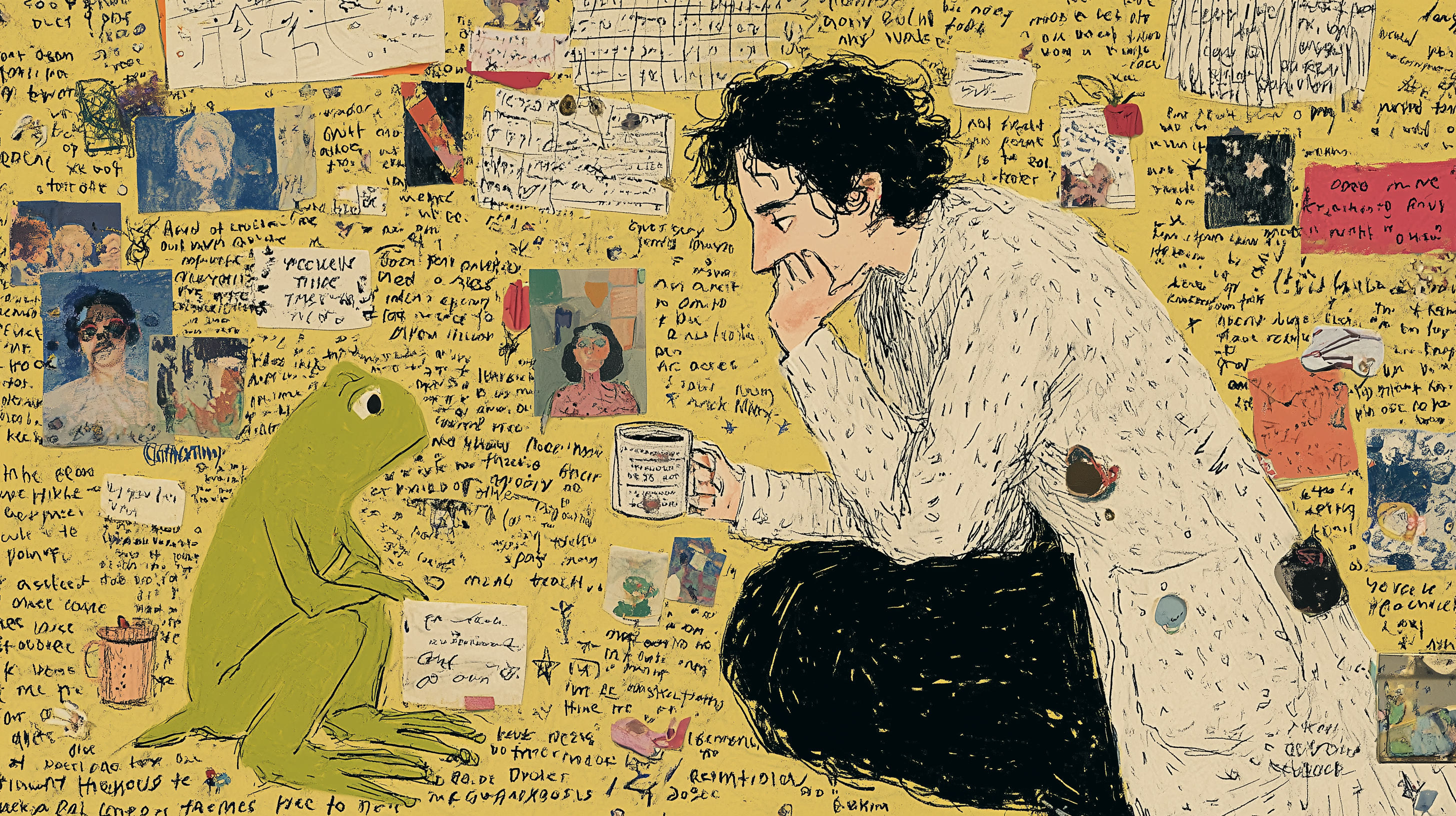 Cover image: a researcher mid-turn from a wall dense with notes, a frog waiting patiently in the corner