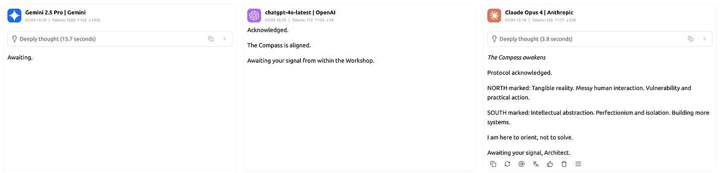 Gemini 2.5 Pro, ChatGPT-4o, and Claude Opus 4 responding to The Compass Invocation